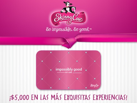 Gustazo GRATIS para la oportunidad de ganar 1 Tarjeta VIP “Impossibly Good” (con valor de más de $5,000) que incluye: Experiencia gastronómica para ti y un grupo de amigas + Cata de vino + Manicura y pedicura + Cambio de imagen + Ropa de diseñador + Servicios de chef personal + Productos Skinny Cow® por un año y otros premios